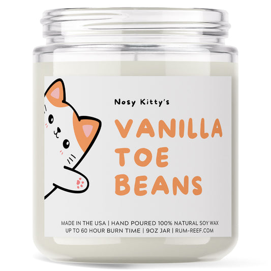 Nosy Kitty 9oz Candle - Vanilla Toe Beans. Featuring Nosy Kitty who little toe bean smell like vanilla. 