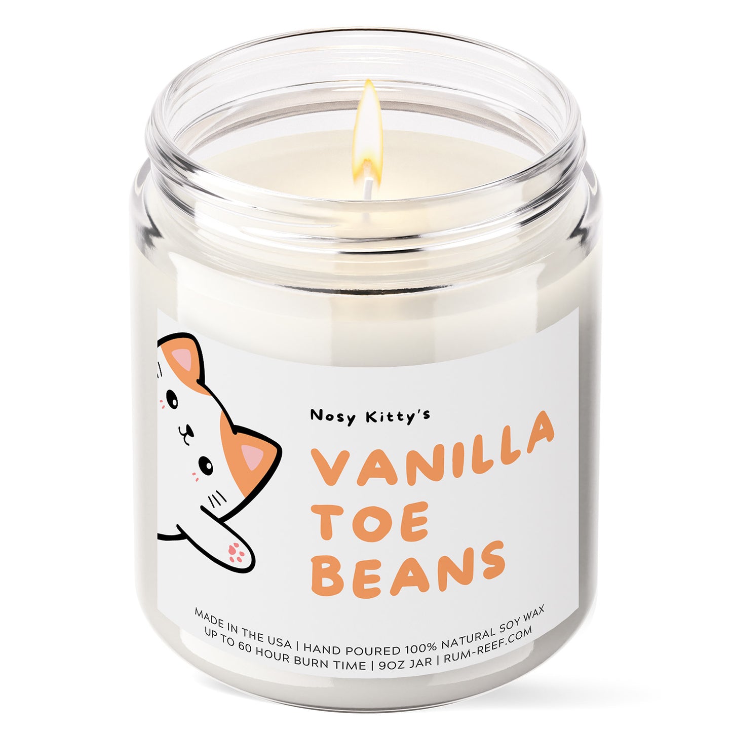 Nosy Kitty 9oz Candle - Vanilla Toe Beans - Showing the candle lit.