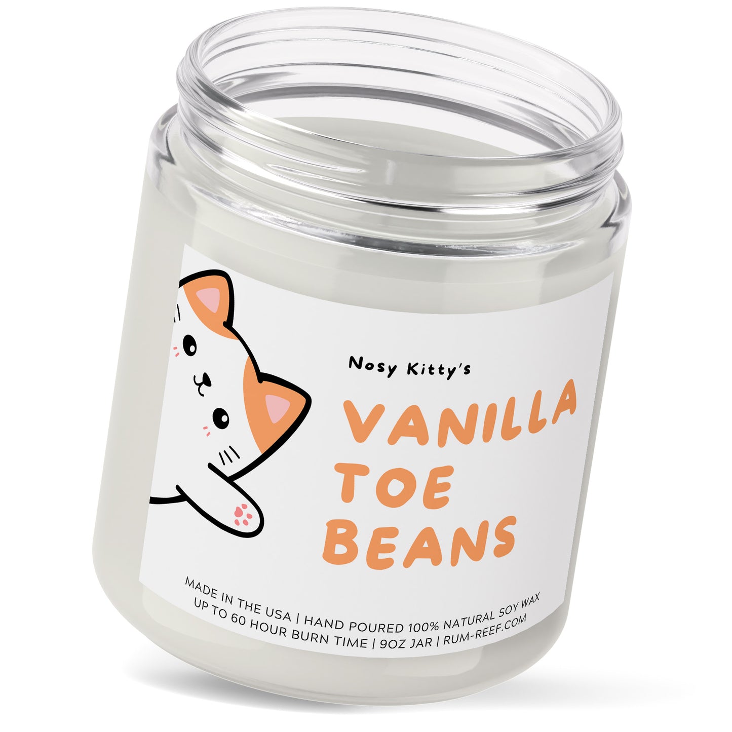 Nosy Kitty 9oz Candle - Vanilla Toe Beans. The kitty cat is a cartoon figure saying HI so you can see her paws