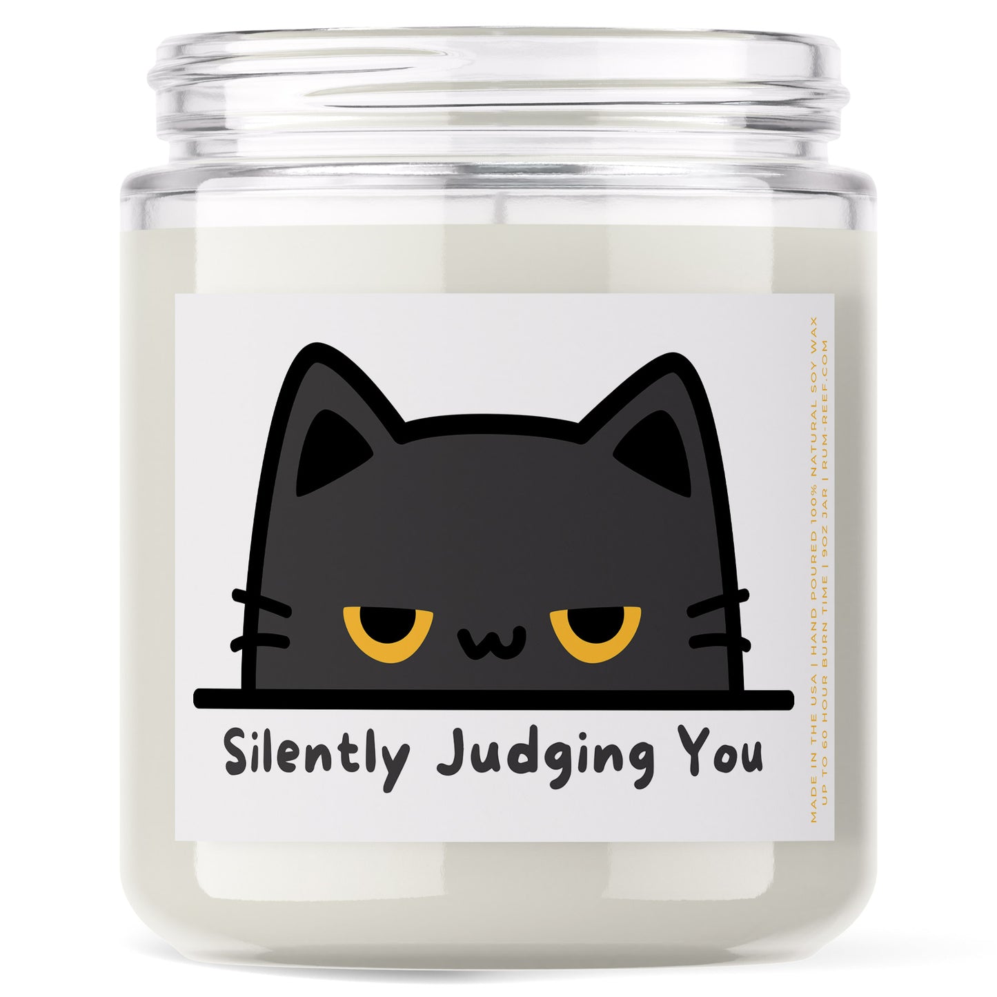 Silently Judging You Cat 9oz Candle. Showing a c
cat looking at you with disappointment.
